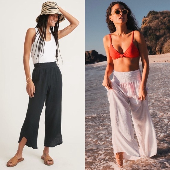 NWT MARINE LAYER Ivory Crinkle Cotton‎ Smocked High Rise Wide Leg Cropped Pant S - Picture 3 of 7